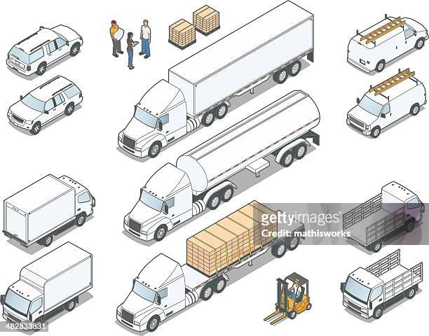ilustraciones, imágenes clip art, dibujos animados e iconos de stock de isométricos camiones - three quarter length