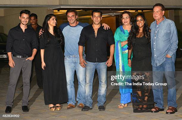 Salim Khan,Helen,Salman Khan,Arbaaz Khan,Arpita Khan and Aayush Sharma at Salman Khan's sister Arpita's Birthday party at her residence in Mumbai.