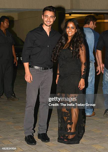 Aayush Sharma with wife Arpita Khan at her Birthday party at her residence in Mumbai.