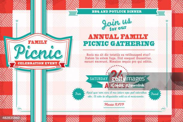 horizontal family picnic celebration invitation design template with tablecloth - picnic stock illustrations