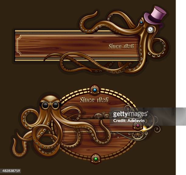 octopus steampunk concept - metal nameplate stock illustrations