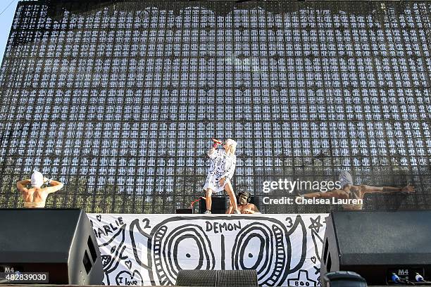 Vocalist Yolandi Visser of Die Antwoord performs during Hard Summer Music Festival at Fairplex on August 2, 2015 in Pomona, California.