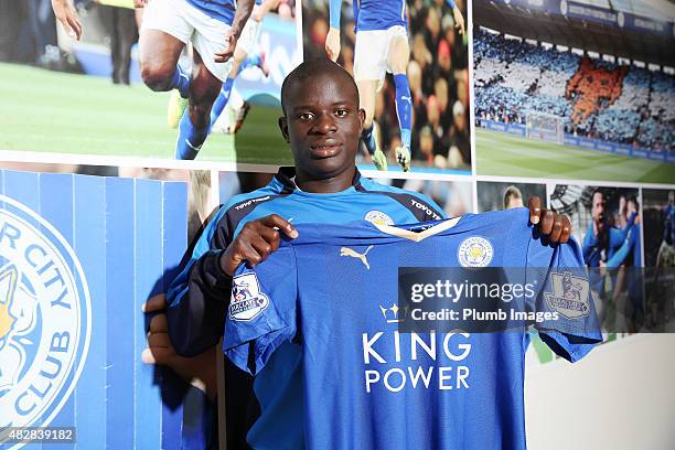 New signing N'Golo Kante of Leicester City is unveiled at Belvoir Drive Training Ground on August 3, 2015 in Leicester, England.