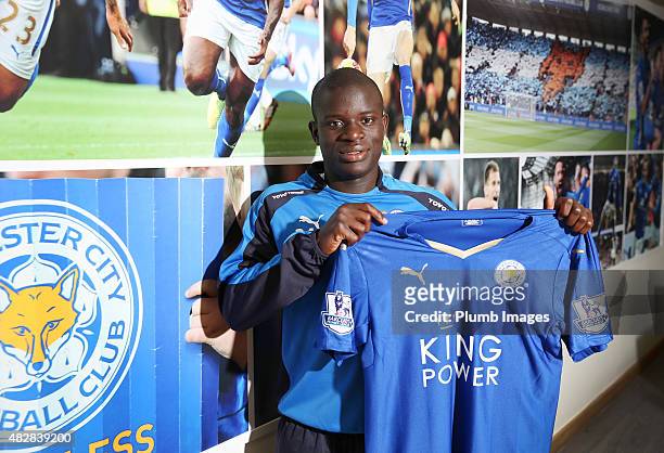 New signing N'Golo Kante of Leicester City is unveiled at Belvoir Drive Training Ground on August 3, 2015 in Leicester, England.