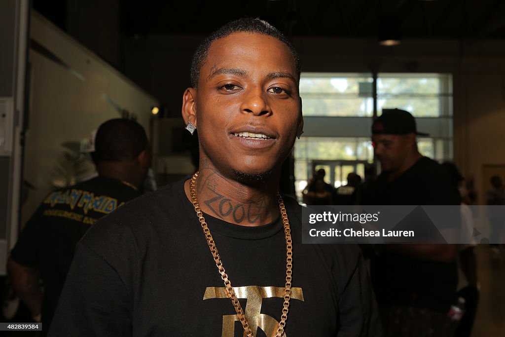 Monty Remy Rapper Monty of the Remy Boyz poses backstage during Hard Summer ...