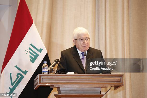 Iraqi President Fuad Masum gives a speech during a meeting at Council of Representatives on August 03, 2015 in Baghdad, Iraq.