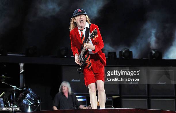 Angus Young of AC/DC performs live on stage during the 'Rock or Bust' World Tour, at Wembley Stadium on July 4, 2015 in London, United Kingdom.