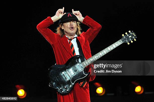 Angus Young of AC/DC performs live on stage during the 'Rock or Bust' World Tour, at Wembley Stadium on July 4, 2015 in London, United Kingdom.