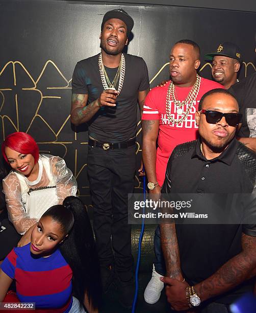 Monica Brown, Nicki Minaj, Meek Mill, Yo Gotti, Chubbie Baby and Shannon Brown attend the Pinkprint Tour after party at XS Lounge on August 2, 2015...