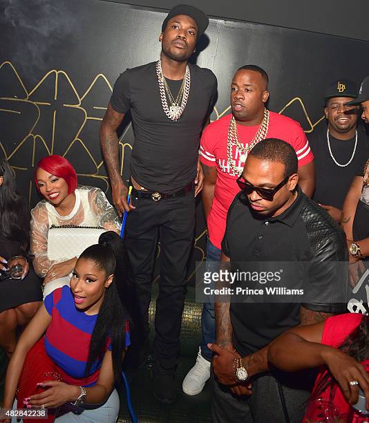 Monica Brown, Nicki Minaj, Meek Mill, Yo Gotti, Chubbie Baby and Shannon Brown attend the Pinkprint Tour after party at XS Lounge on August 2, 2015...