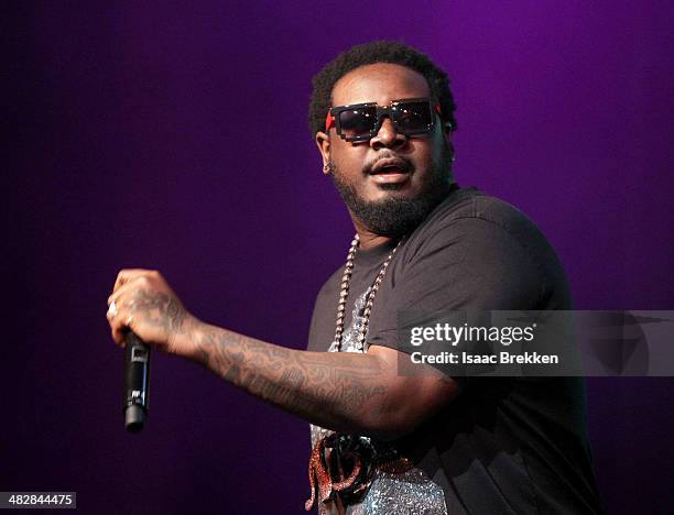 Recording artist T-Pain performs at the 13th annual Michael Jordan Celebrity Invitational gala at the ARIA Resort & Casino at CityCenter on April 4,...