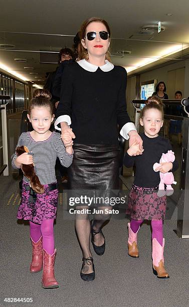 Singer Lisa Marie Presley with her twin daughters Harper Vivienne Ann and Finley Aaron Love arrive at Narita International Airport on April 5, 2014...