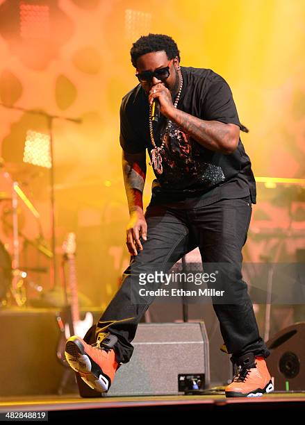 Recording artist T-Pain performs at the 13th annual Michael Jordan Celebrity Invitational gala at the ARIA Resort & Casino at CityCenter on April 4,...