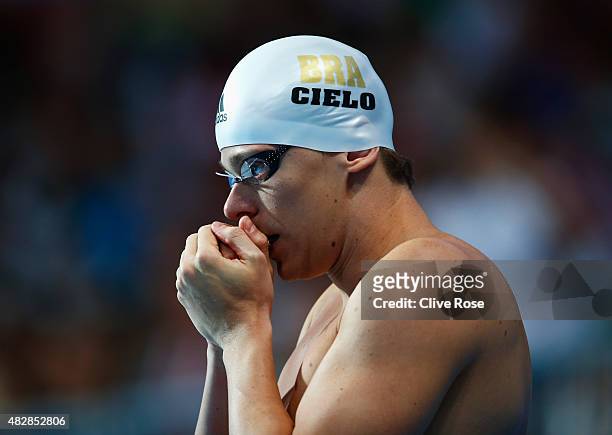 Cesar Cielo of Brazil prepares to compete in the Men's 50m Butterfly Final on day ten of the 16th FINA World Championships at the Kazan Arena on...