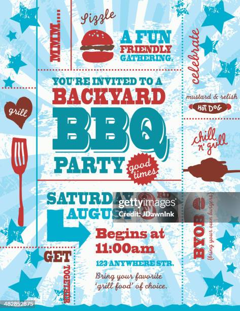 fourth of july red, white and blue bbq invitation template - fourth of july party stock illustrations