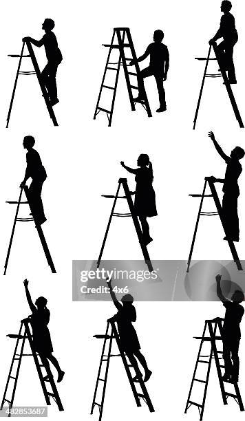 ilustraciones, imágenes clip art, dibujos animados e iconos de stock de personas subir de escalera plegable - escalar