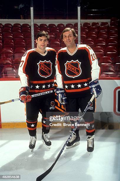 Pat LaFontaine of the New York Islanders and Guy Lafleur of the Quebec Nordiques and both from the Wales Conference pose for a portrait before the...