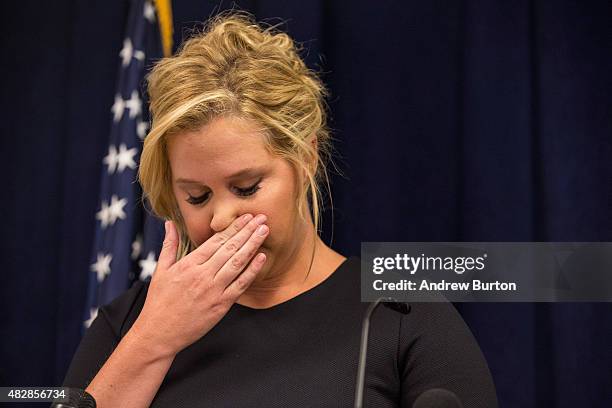 Comedian Amy Schumer speaks at a press conference with U.S. Senator Chuck Schumer calling for tighter gun laws in an effort to stop mass shootings...