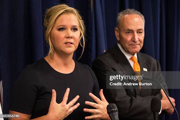 Comedian Amy Schumer and U.S. Senator Chuck Schumer speak at a press conference calling for tighter gun laws in an effort to stop mass shootings and...