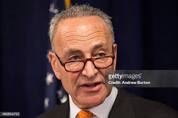 Senator Chuck Schumer speaks at a press conference with Comedian Amy Schumer calling for tighter gun laws in an effort to stop mass shootings and gun...