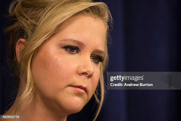 Comedian Amy Schumer speaks at a press conference with U.S. Senator Chuck Schumer calling for tighter gun laws in an effort to stop mass shootings...