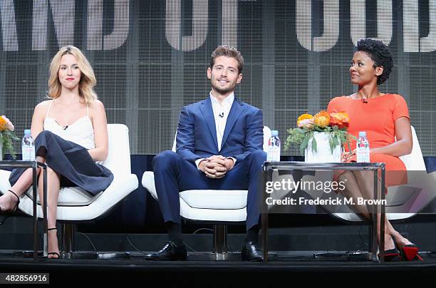 Actors Alona Tal, Julian Morris, and Emayatzy Corinealdi speak onstage during the 'Hand Of God' panel discussion at the Amazon Studios portion of the...