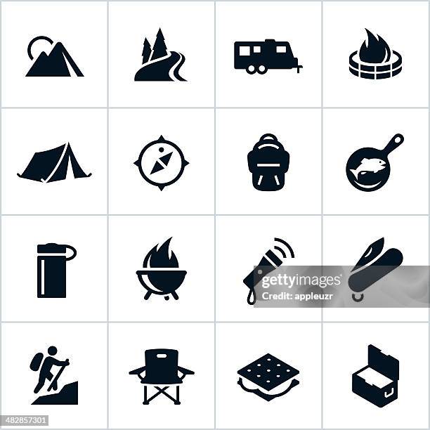 black camping icons - camping equipment stock illustrations