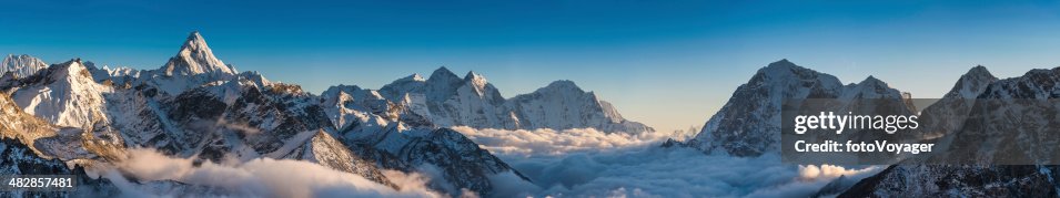 Magnificent mountain panorama snowy peaks high above clouds Himalayas Nepal