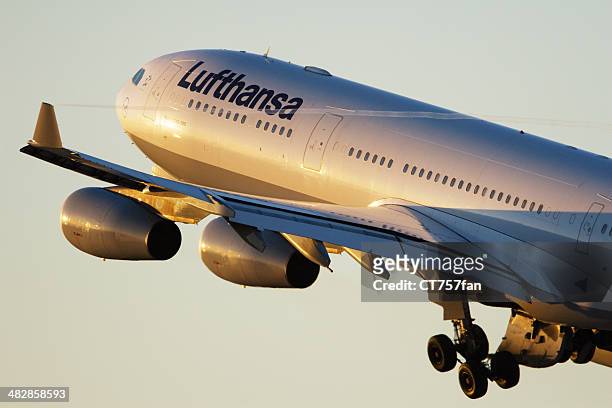lufthansa airbus a340-300 taking off - lufthansa stock pictures, royalty-free photos & images