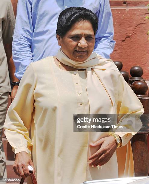 Bahujan Samaj Party Chief Mayawati leaves after attending the ongoing Monsoon Session at the Parliament House on August 3, 2015 in New Delhi, India....
