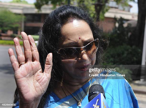 The BJP leader Hema Malini arriving for the first time after her accident to attend the Monsoon Session at Parliament House on August 3, 2015 in New...