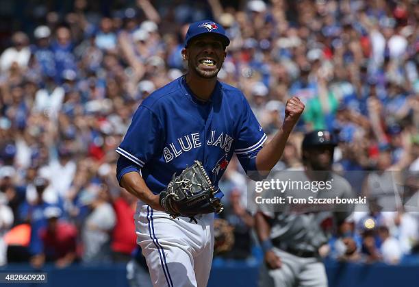 David Price of the Toronto Blue Jays reacts after striking out Kurt Suzuki of the Minnesota Twins to end the fourth inning during MLB game action on...