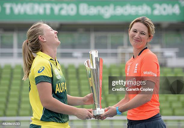 Australia captain Meg Lanning and England captain Charlotte Edwards pose with ICC Womens World T20 trophy ahead tomorrow's final at Sher-e-Bangla...