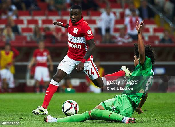 Promes of FC Spartak Moscow is challenged by Merladet Lemos of Rubin Kazan during the Russian Premier League match between FC Spartak Moscow and FC...