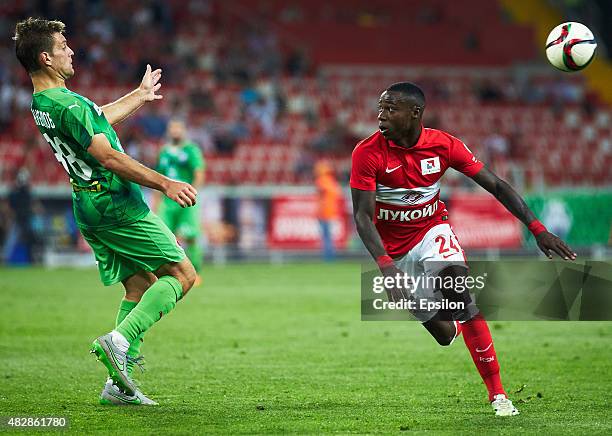 Promes of FC Spartak Moscow is challenged by Ruslan Kambolov of Rubin Kazan during the Russian Premier League match between FC Spartak Moscow and FC...