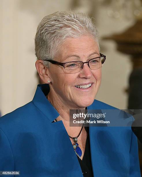 Administrator Gina McCarthy speaks about climate change during an event in the East Room at the White House August 3, 2015 in Washington, DC....