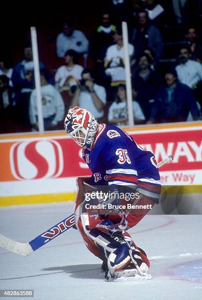 Goalie Mike Richter of the New York Rangers makes the save during Game 3 of the 1994 Stanley Cup Finals against the Vancouver Canucks on June 4, 1994...