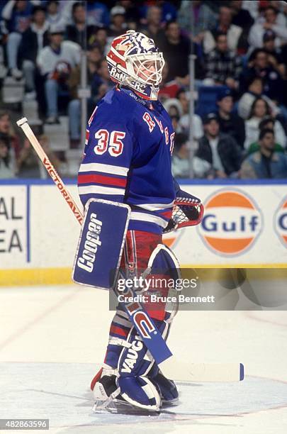 Goalie Mike Richter of the New York Rangers stands in the crease during an NHL game against the New York Islanders on March 5, 1994 at the Nassau...