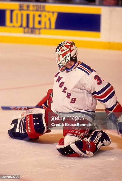 Goalie Mike Richter of the New York Rangers makes the save during Game 5 of the 1994 Eastern Conference Finals against the New Jersey Devils on May...