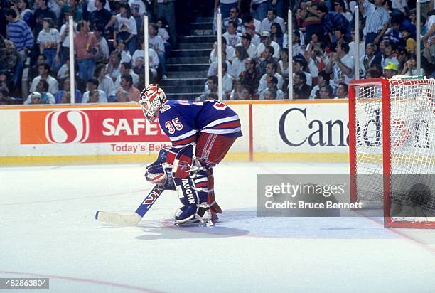 Goalie Mike Richter of the New York Rangers defends the net during Game 6 of the 1994 Stanley Cup Finals against the Vancouver Canucks on June 11,...