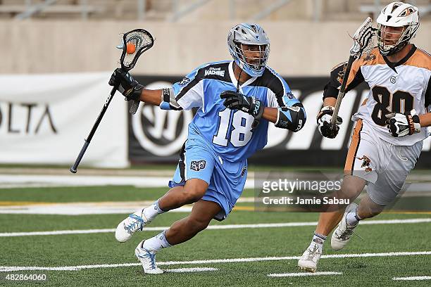 Kyle Harrison of the Ohio Machine controls the ball against the Rochester Rattlers on August 1, 2015 at Selby Stadium in Delaware, Ohio. Rochester...