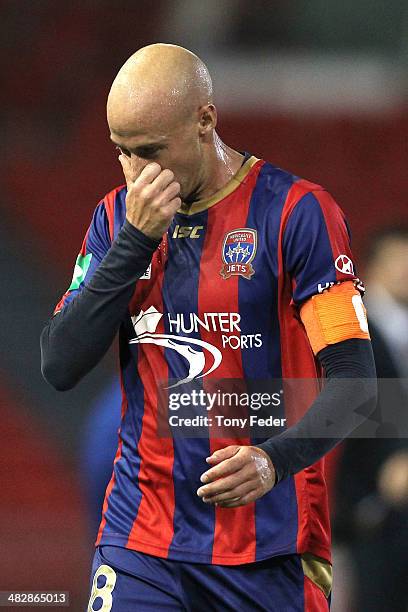 Dissapointed Ruben Zadkovich of the Jets leaves the ground after the game during the round 26 A-League match between the Newcastle Jets and Melbourne...