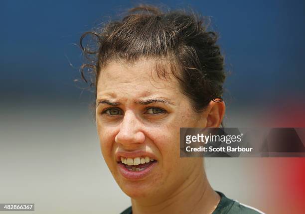 Nicole Bolton of Australia looks on during an Australia Women's nets session ahead of the ICC World Twenty20 Bangladesh 2014 Womens Final at Khan...