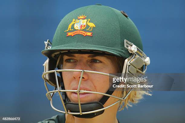 Elyse Villani of Australia looks on during an Australia Women's nets session ahead of the ICC World Twenty20 Bangladesh 2014 Womens Final at Khan...