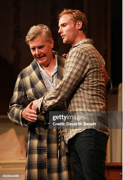 Cast members James Fox and Jack Fox bow at the curtain call during the press night performance of "Dear Lupin" at The Apollo Theatre on August 3,...