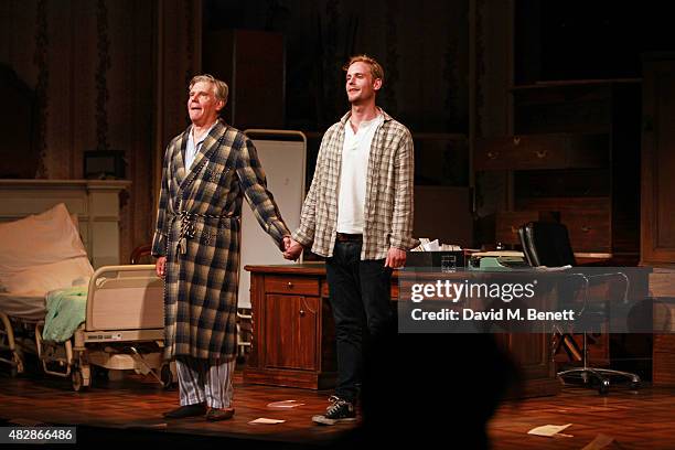 Cast members James Fox and Jack Fox bow at the curtain call during the press night performance of "Dear Lupin" at The Apollo Theatre on August 3,...