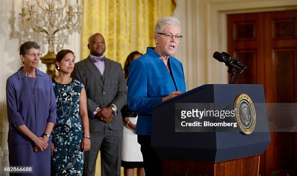 Gina McCarthy, administrator of the U.S. Environmental Protection Agency , speaks about the Clean Power Plan during an event with U.S President...