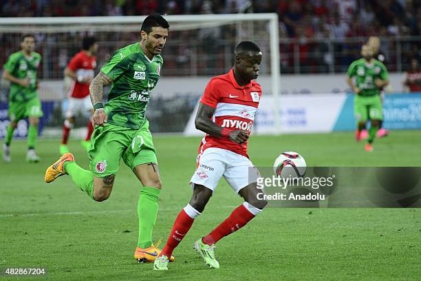 Quincy Promes of Spartak Moscow vies with Blagoy Georgiev of Rubin Kazan during the Russian Football Premiere-League match beween Spartak Moscow and...
