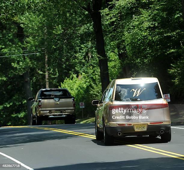 The Wingham Funeral Home hearse leaves Fairview Cemetery that was carrying the body of Bobbi Kristina Brown at Fairview Cemetery on August 3, 2015 in...