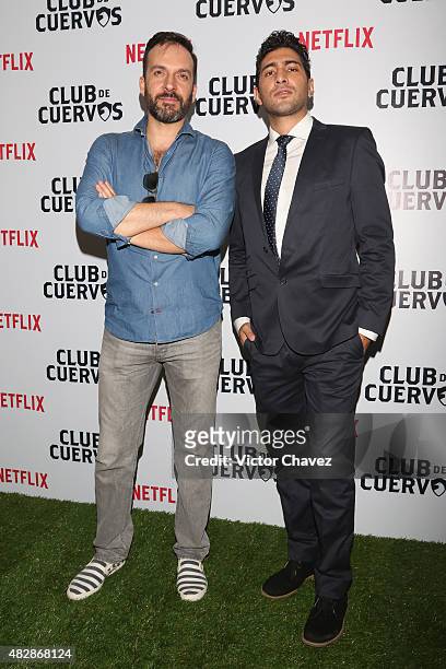 Actors Antonio Vega and Ianis Guerrero attend the "Club De Cuervos" photocall at Cinepolis Plaza Carso on August 3, 2015 in Mexico City, Mexico.